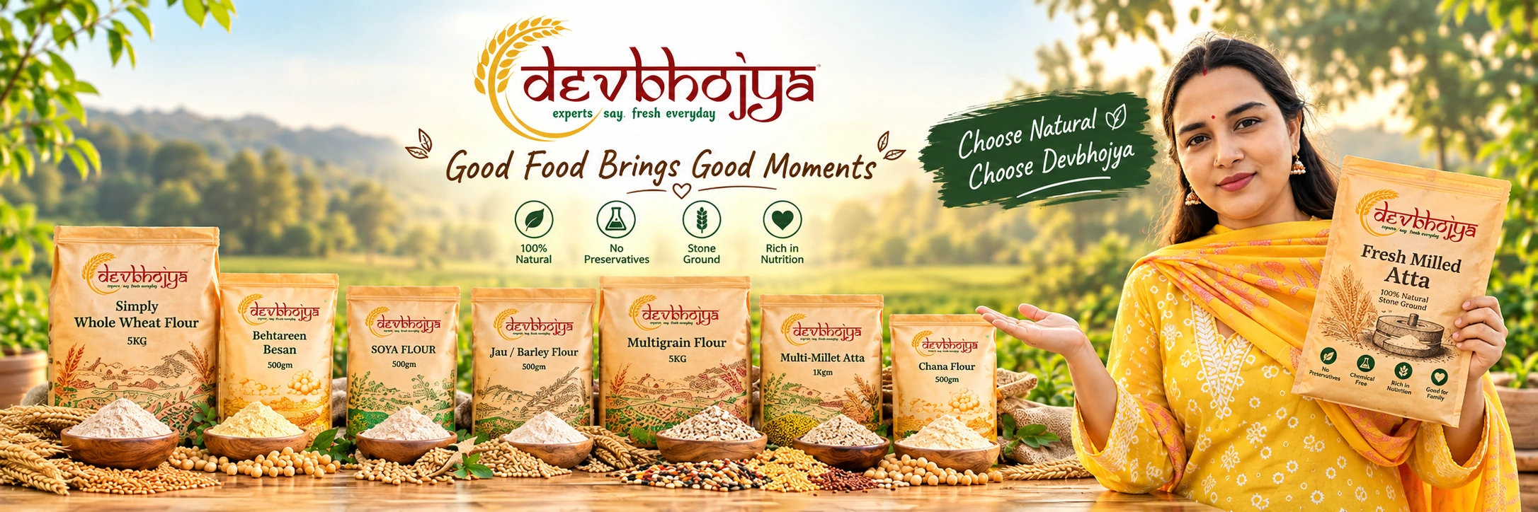 Devbhojya — Good Food Brings Good Moments. 100% natural, no preservatives, stone ground, rich in nutrition.